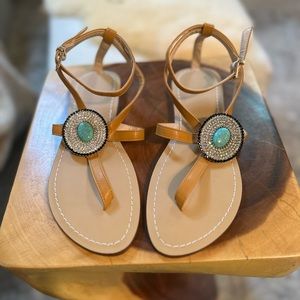 NWOT Tan Thong Sandals with Turquoise & Rhinestone Medallion Sz 8.5